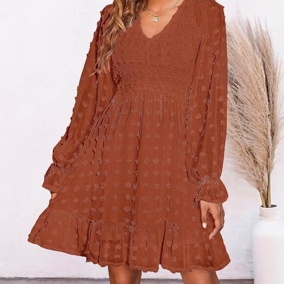Long Sleeve Fall Dresses for Women 2025 Casual V Neck Swiss Dot Smocked Ruffle C - Picture 3 of 4